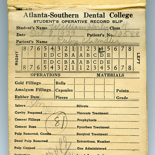 Student operative record slips of William Harley, 1930s, Atlanta-Southern Dental College, Atlanta, Georgia
