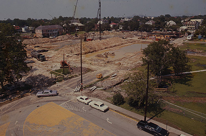 Aerial view of multiple buildings being constructed on the campus of the Medical College of South Carolina in June of 1968.