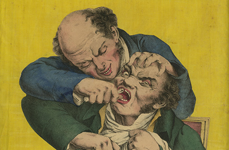 Colored illustration of a male dentist performing a tooth extraction, while the patient winces in pain and clasps white fabric in his hands