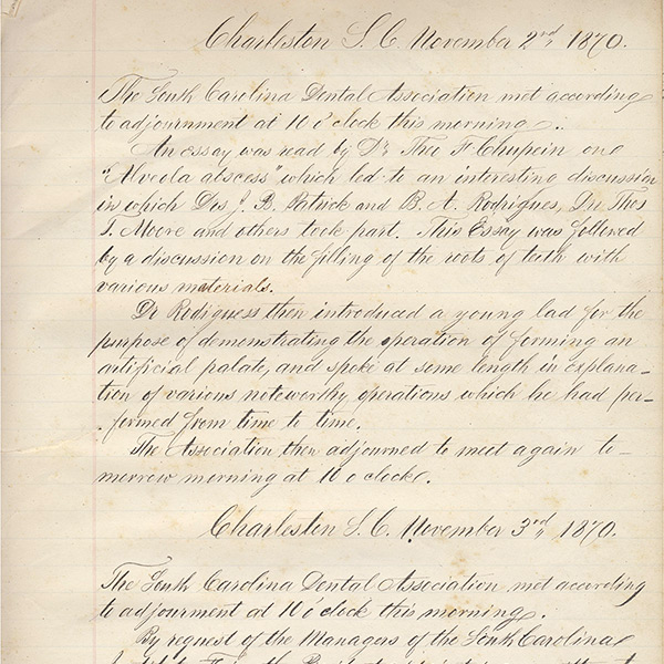 South Carolina Dental Association meeting minutes, Charleston, South Carolina, November 2, 1870
